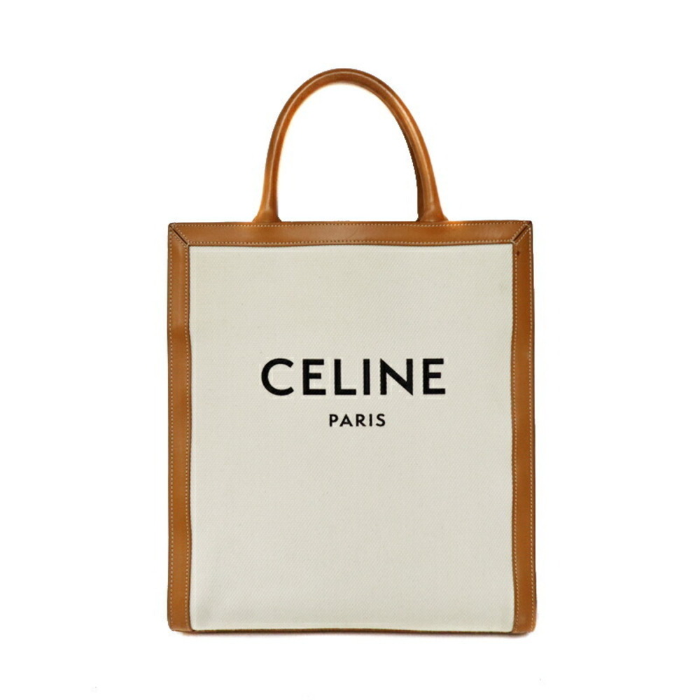 CELINE Vertical Cabas Handbag Shoulder Bag Canvas Calfskin Beige